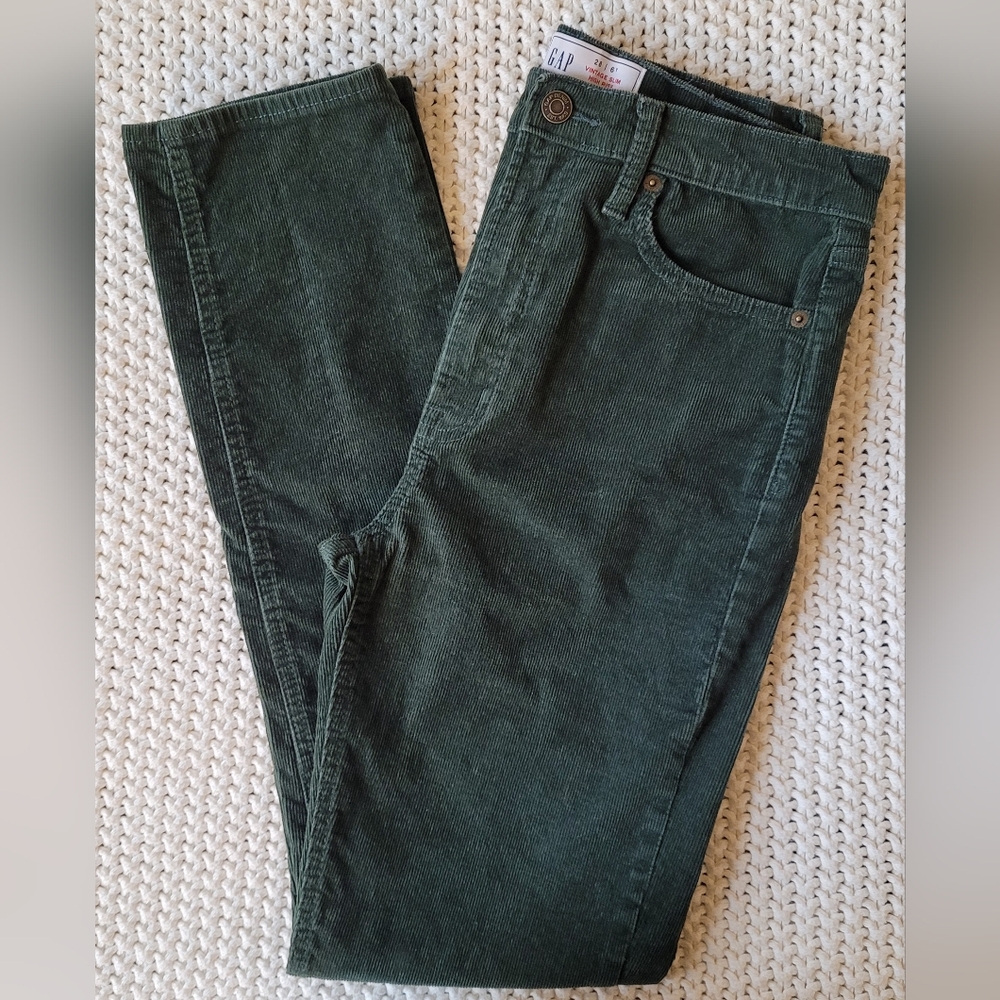 GAP "90s Vintage Slim High Rise" Corduroy Pants, Dark Green